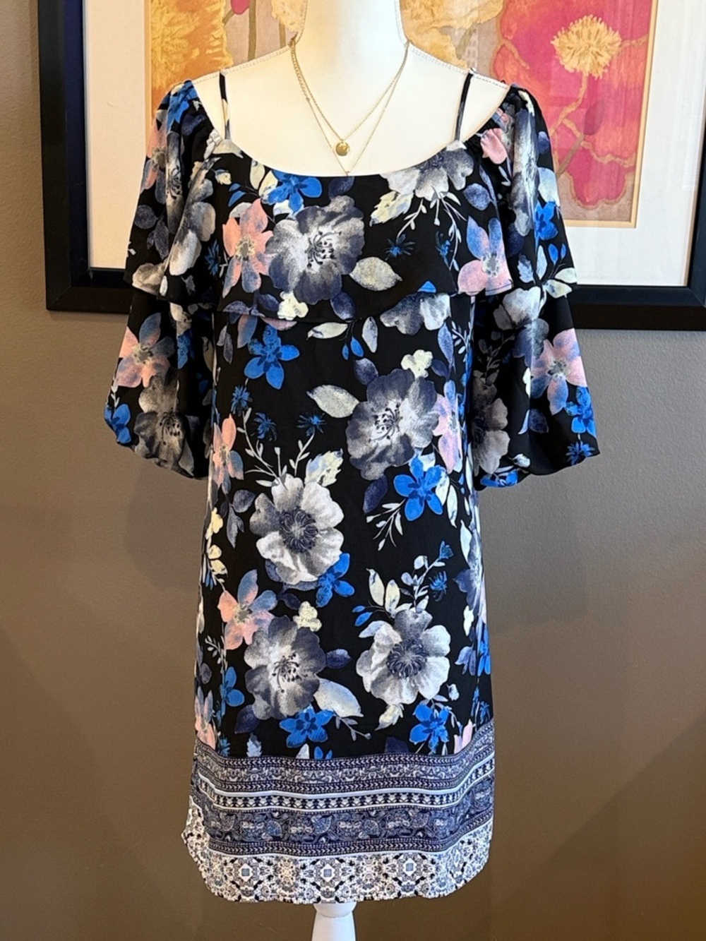 SKIES ARE BLUE Black Blue White Floral Mini Dress Size Medium